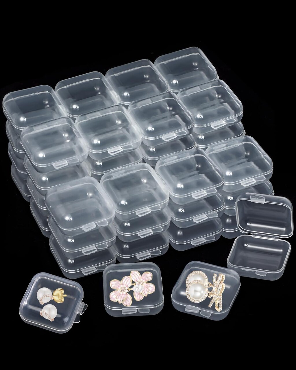 48PCS Mini Clear Jewelry Box, Small Plastic Storage Box with Lids 1.37 x 1.37 x 0.7 Inches Craft Bead Organizer Travel Earring Storage Containers for Rings, Earbuds, Diamond Art